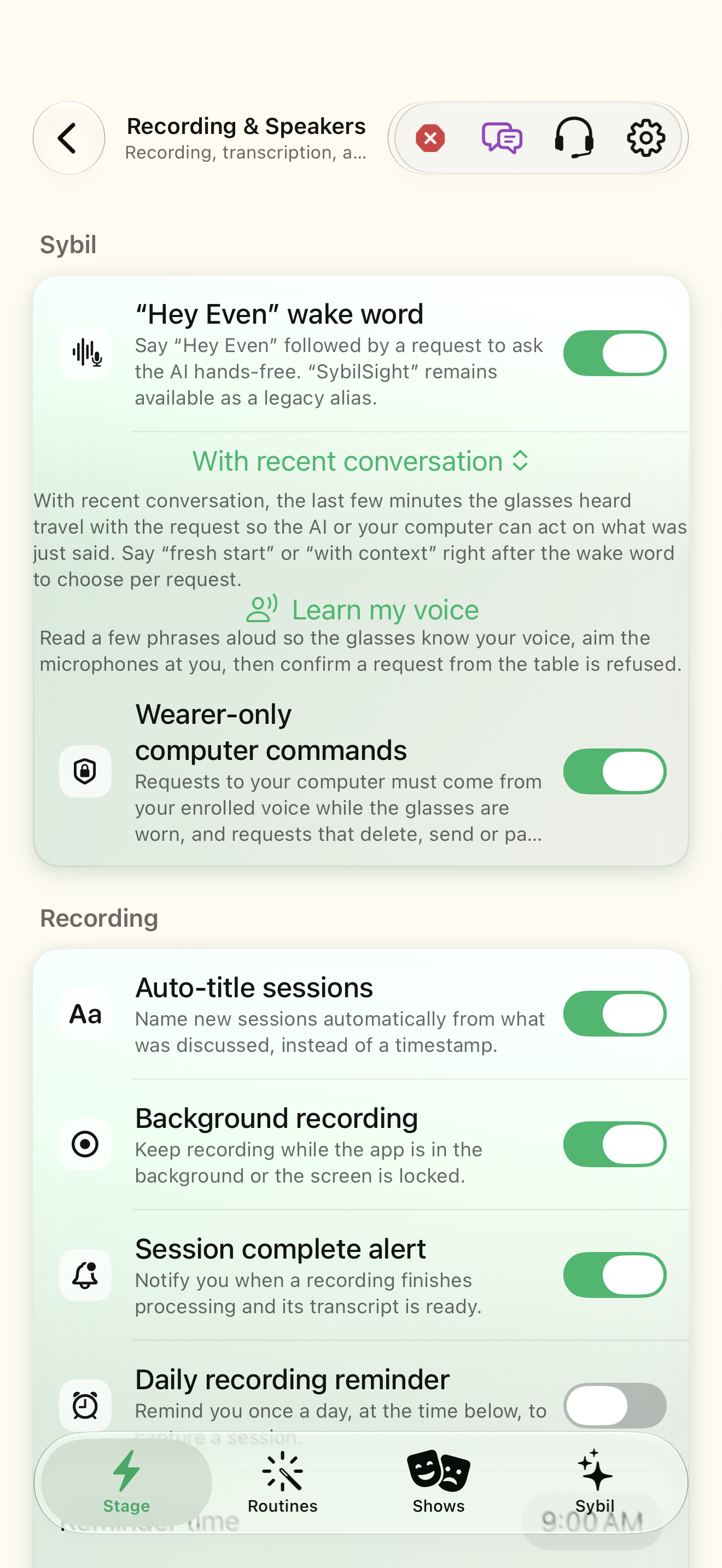 Native iOS Assistant settings screen