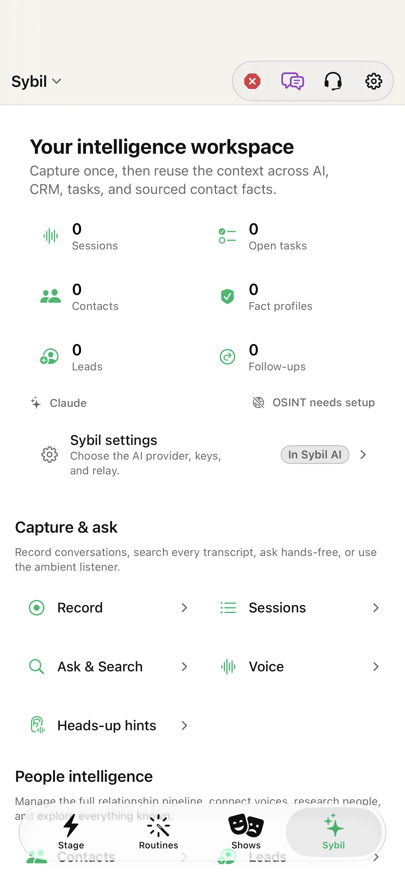 Native iOS Sybil workspace screen