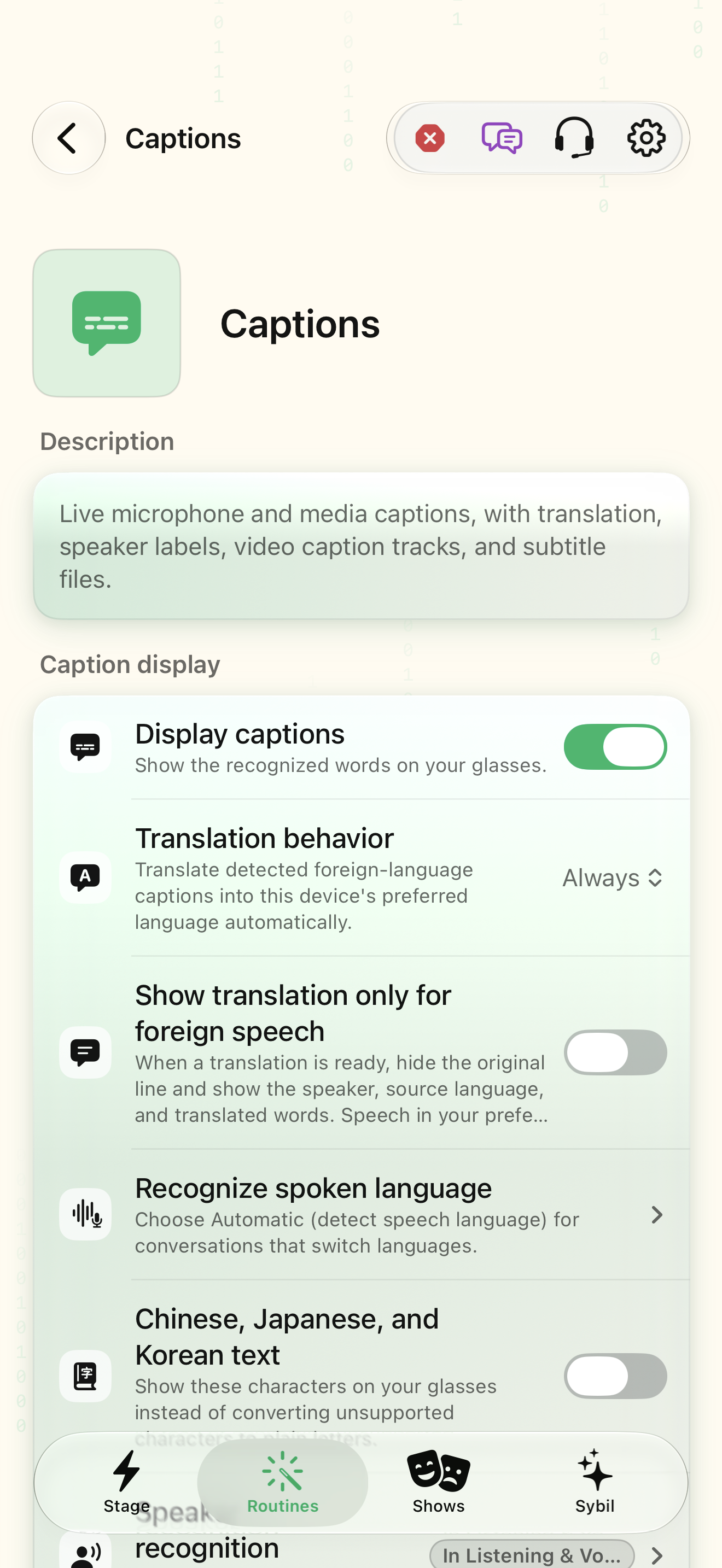 Native iOS Captions settings (Conversate) screen