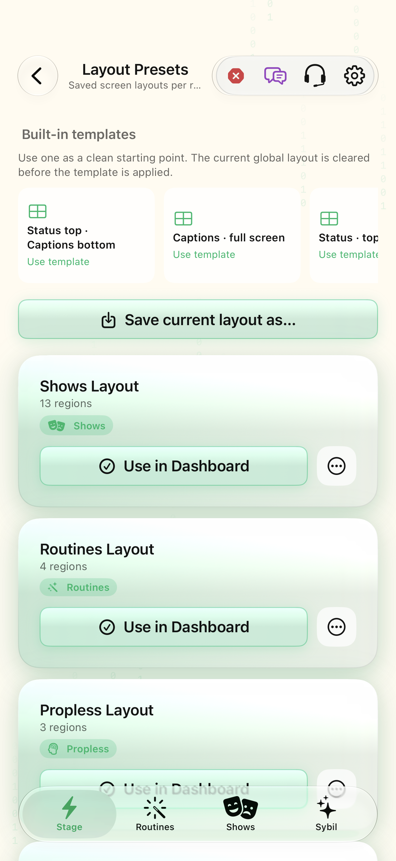 Native iOS Layout presets screen
