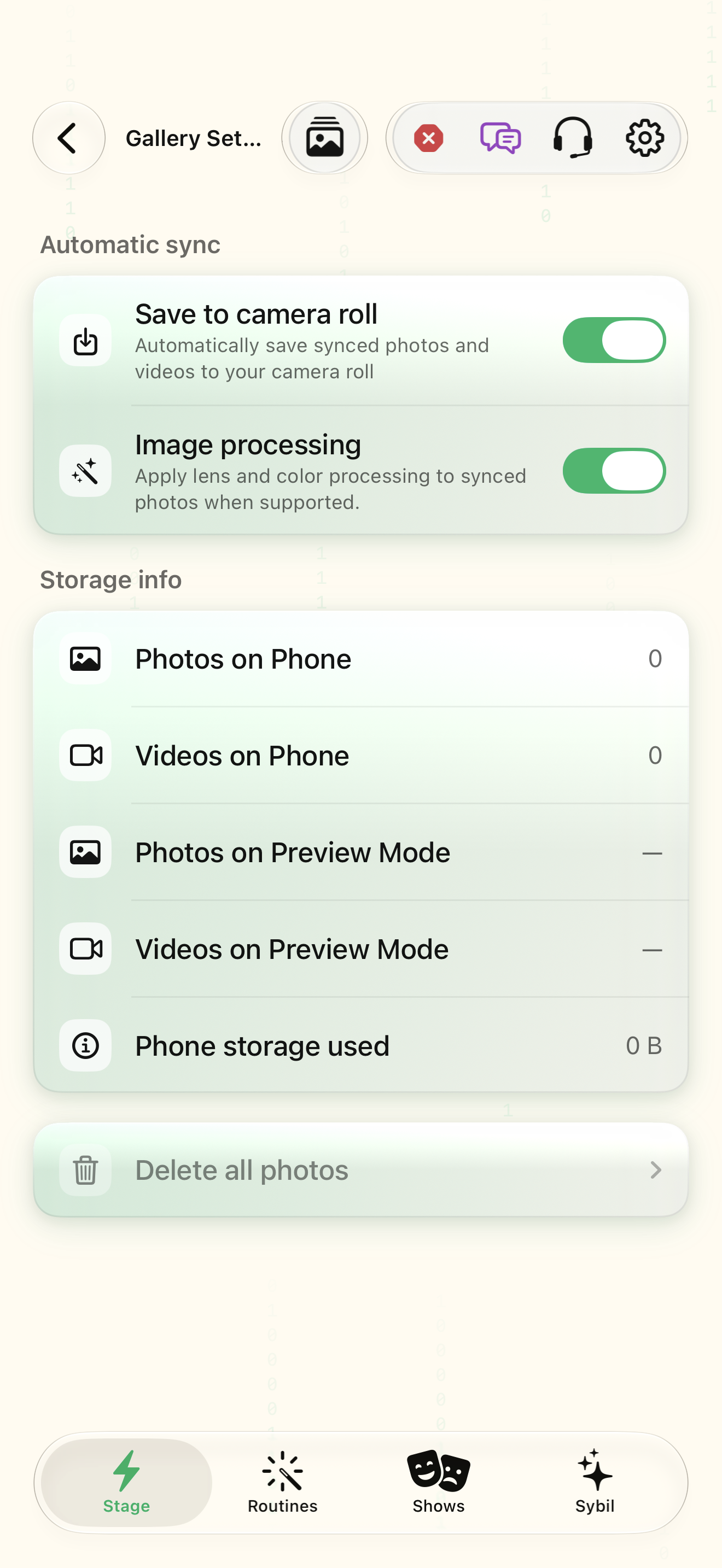 Native iOS Gallery settings screen