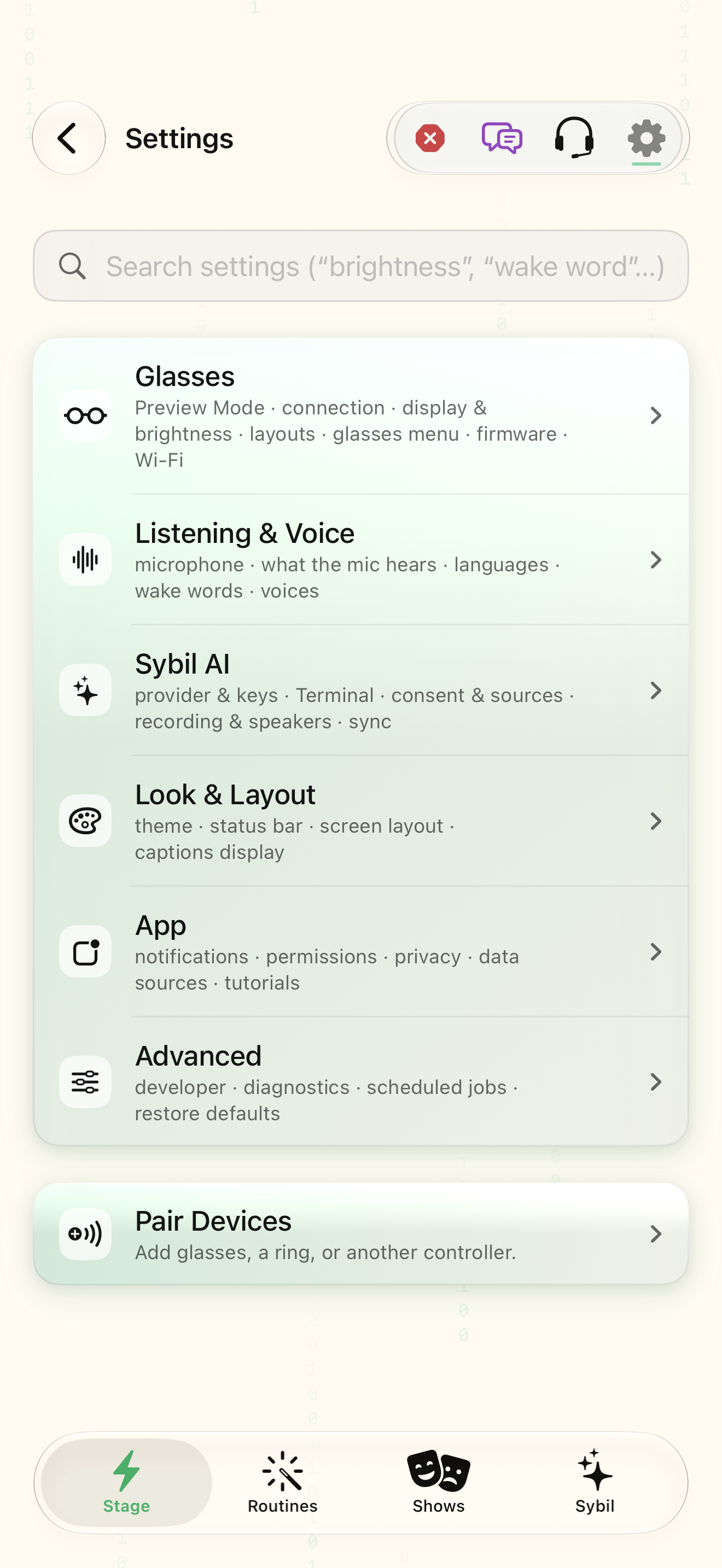 Find settings and detailed app controls native iOS screen