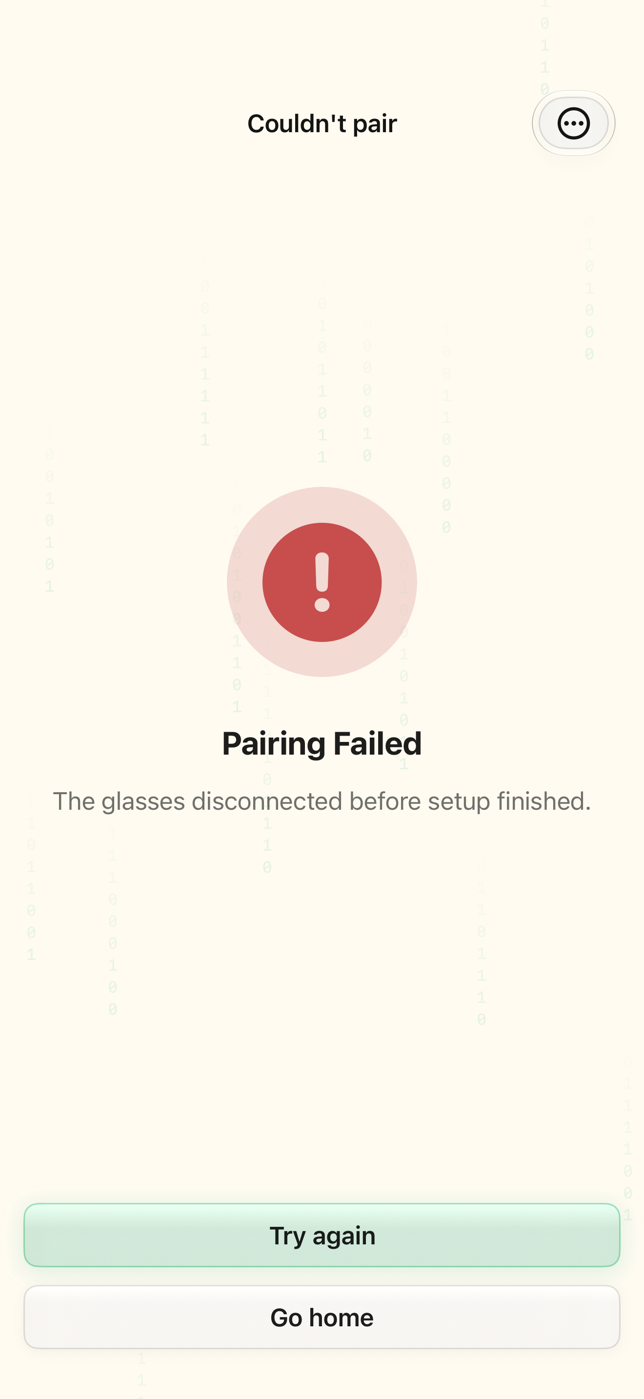 Native iOS Glasses pairing failed screen