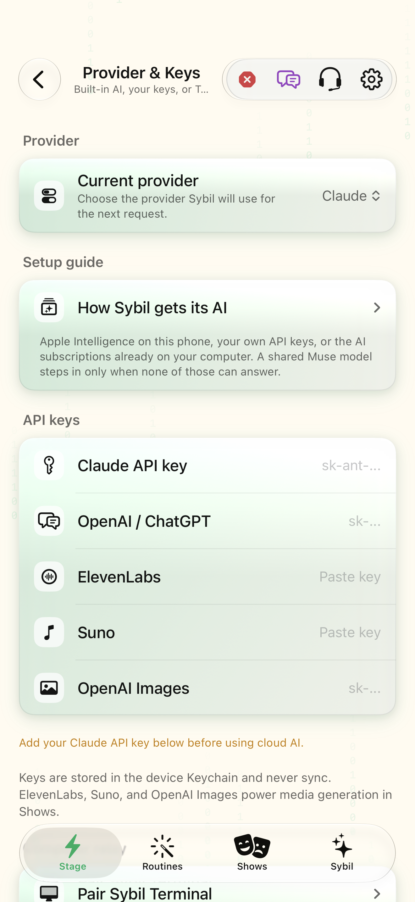 Native iOS Provider & keys screen