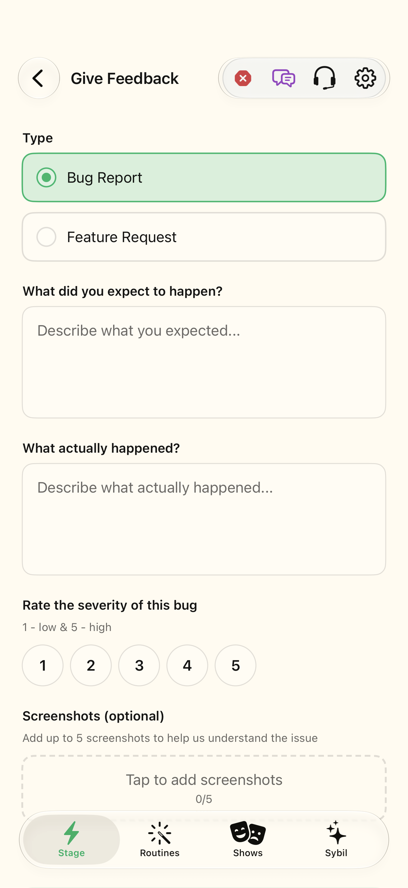 Native iOS Feedback screen