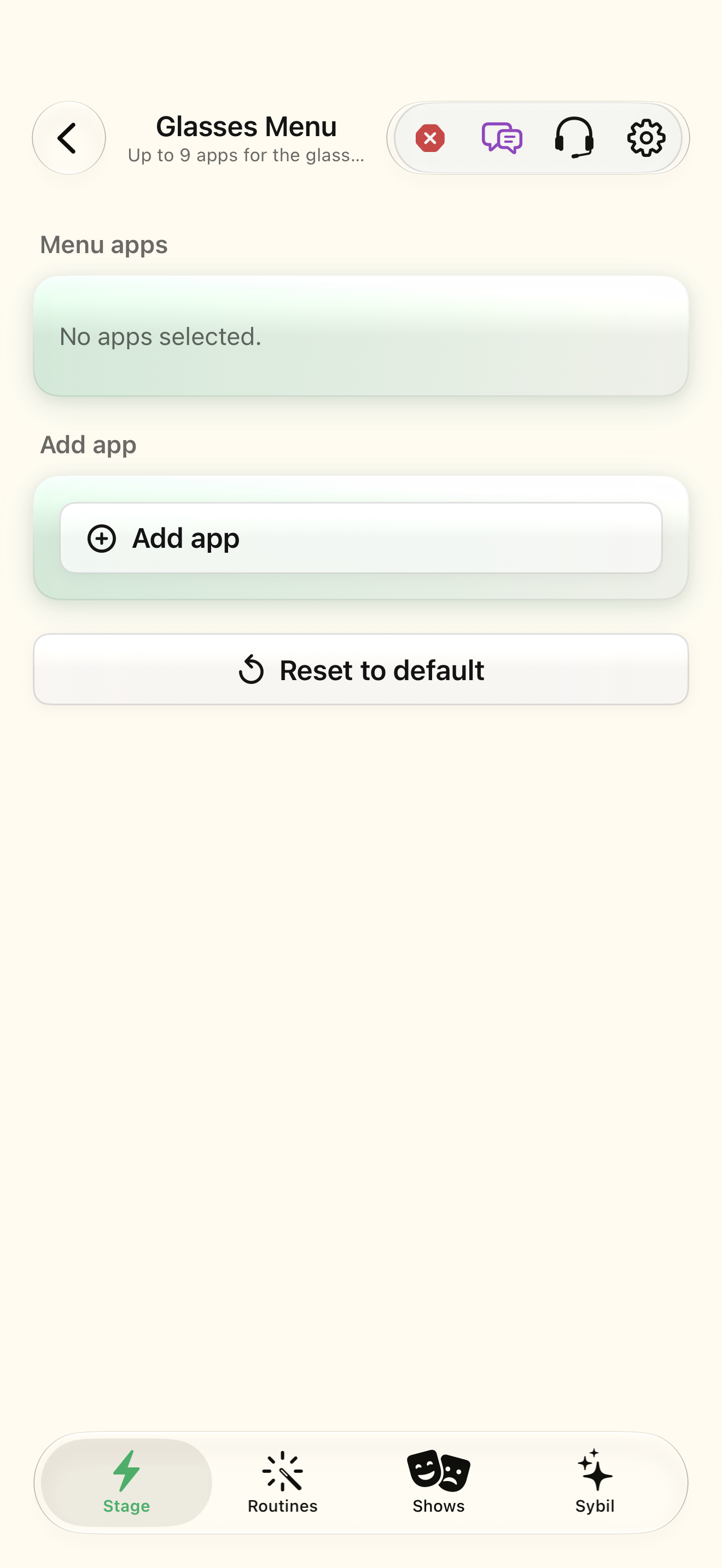 Native iOS Glasses menu screen