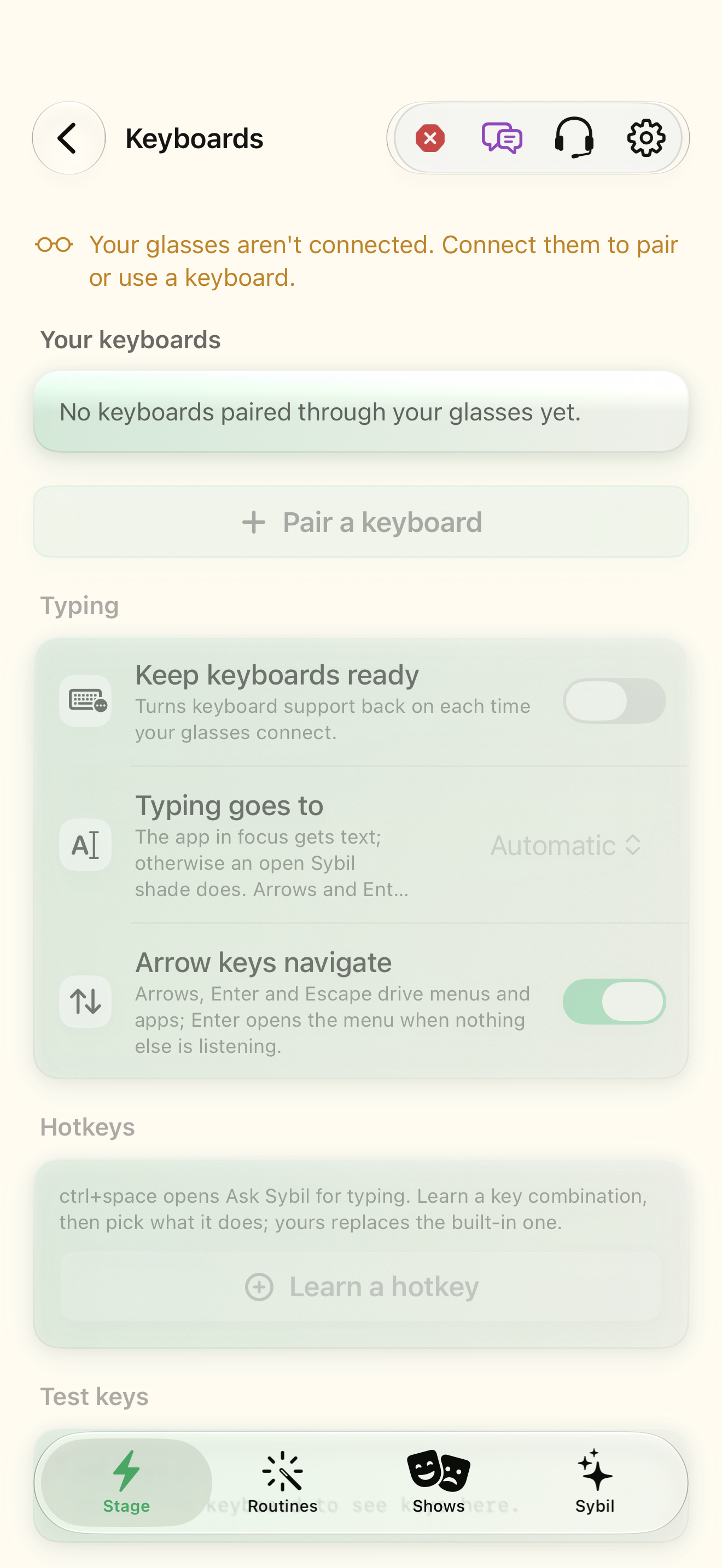 Pair a keyboard through G2 glasses native iOS screen