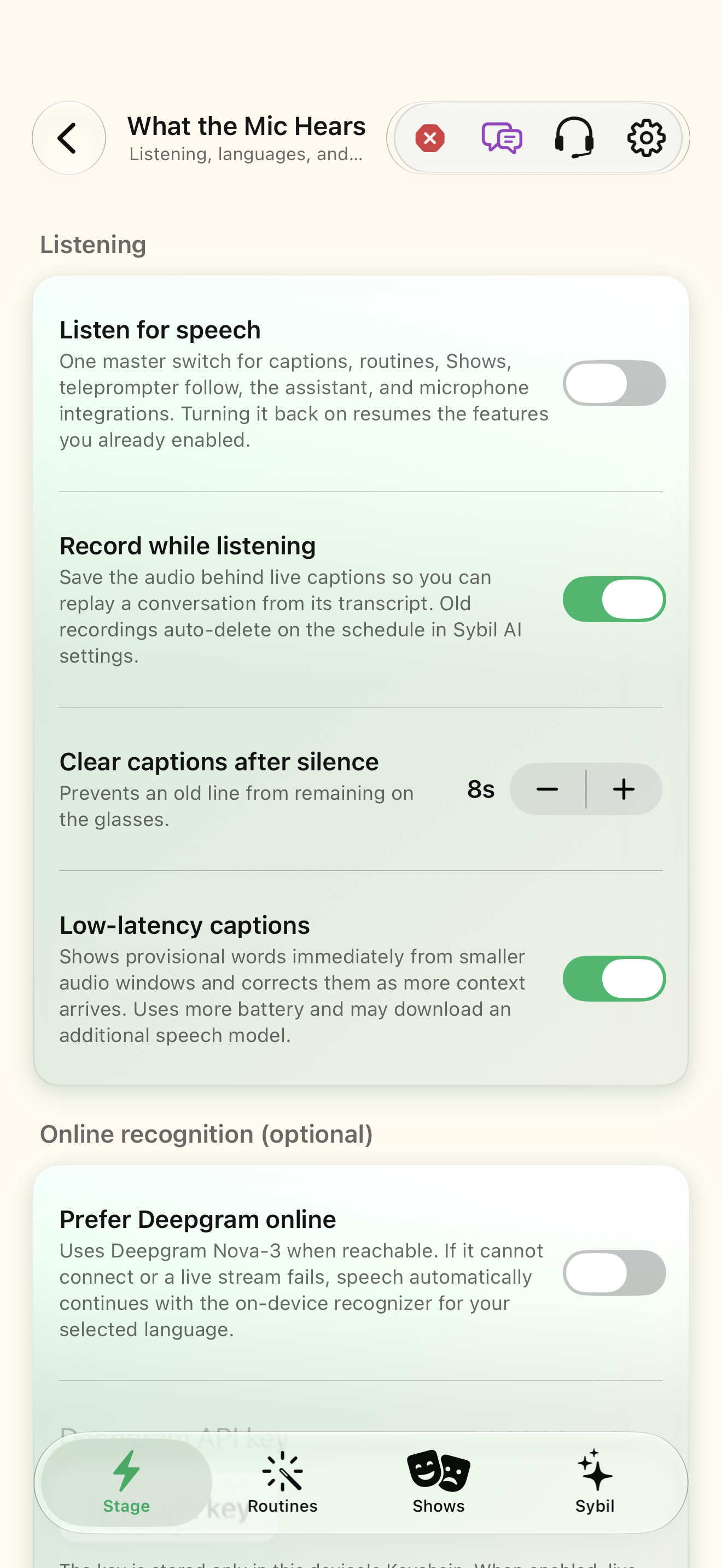 Follow speech and review captions native iOS screen