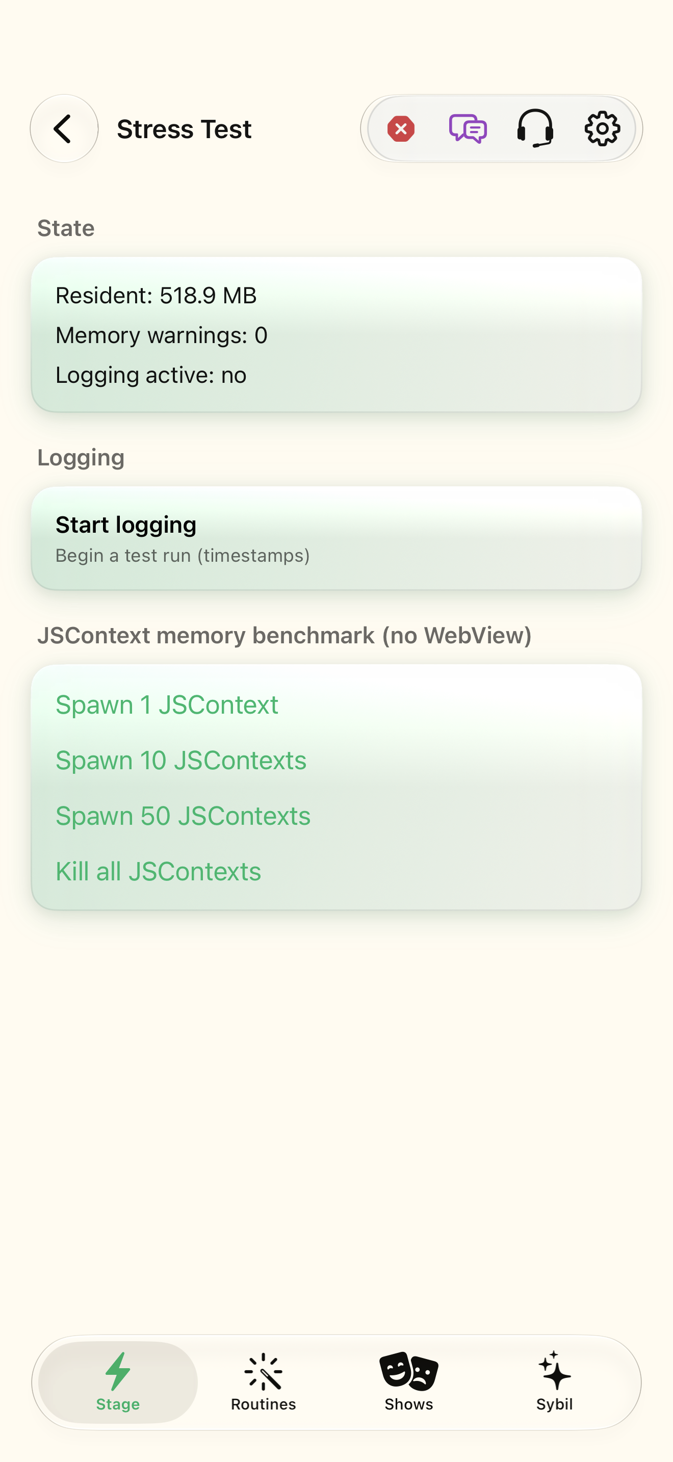 Native iOS Stress test screen