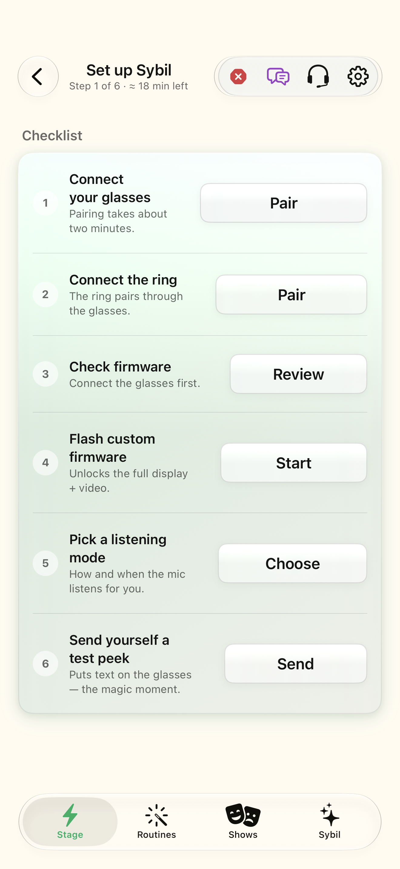 Pair glasses and a controller native iOS screen