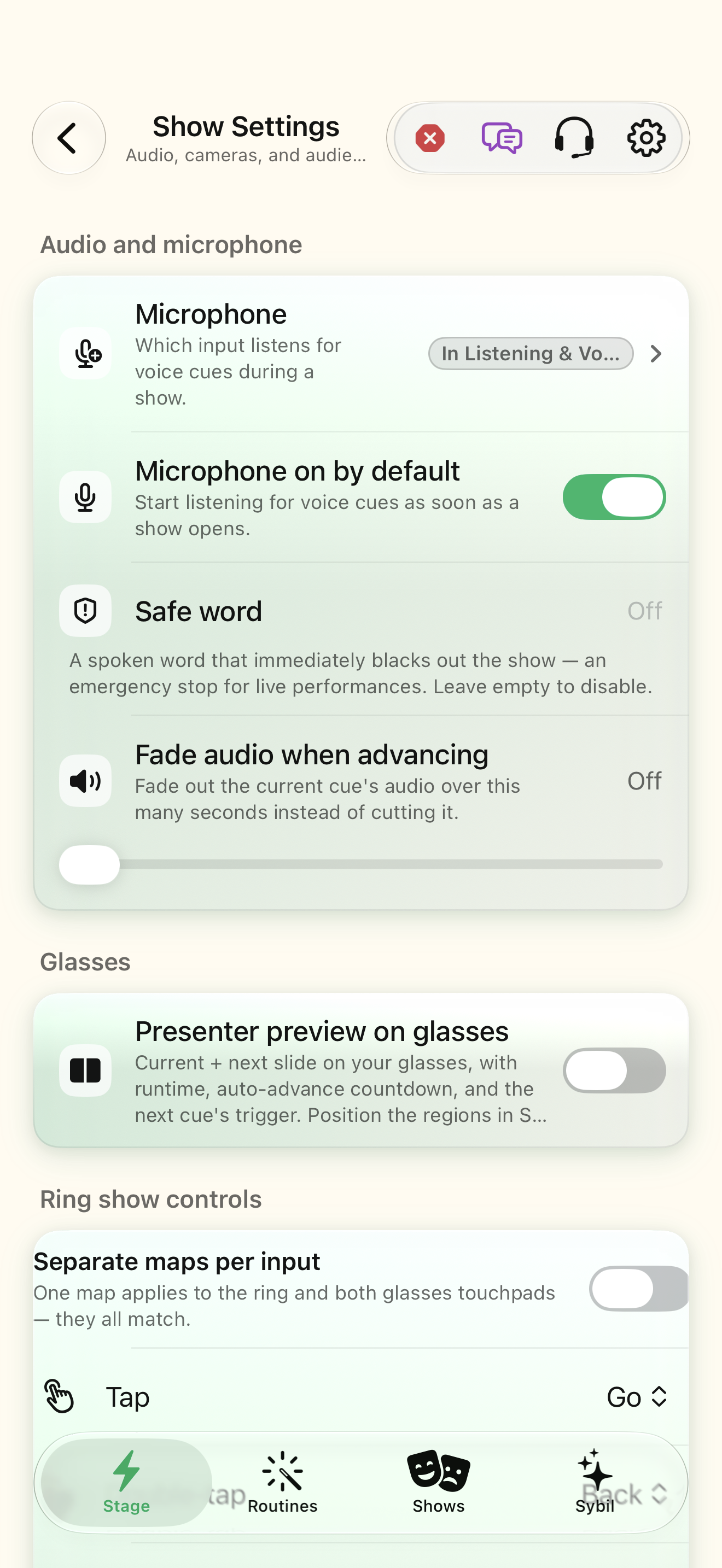 Native iOS Shows settings screen