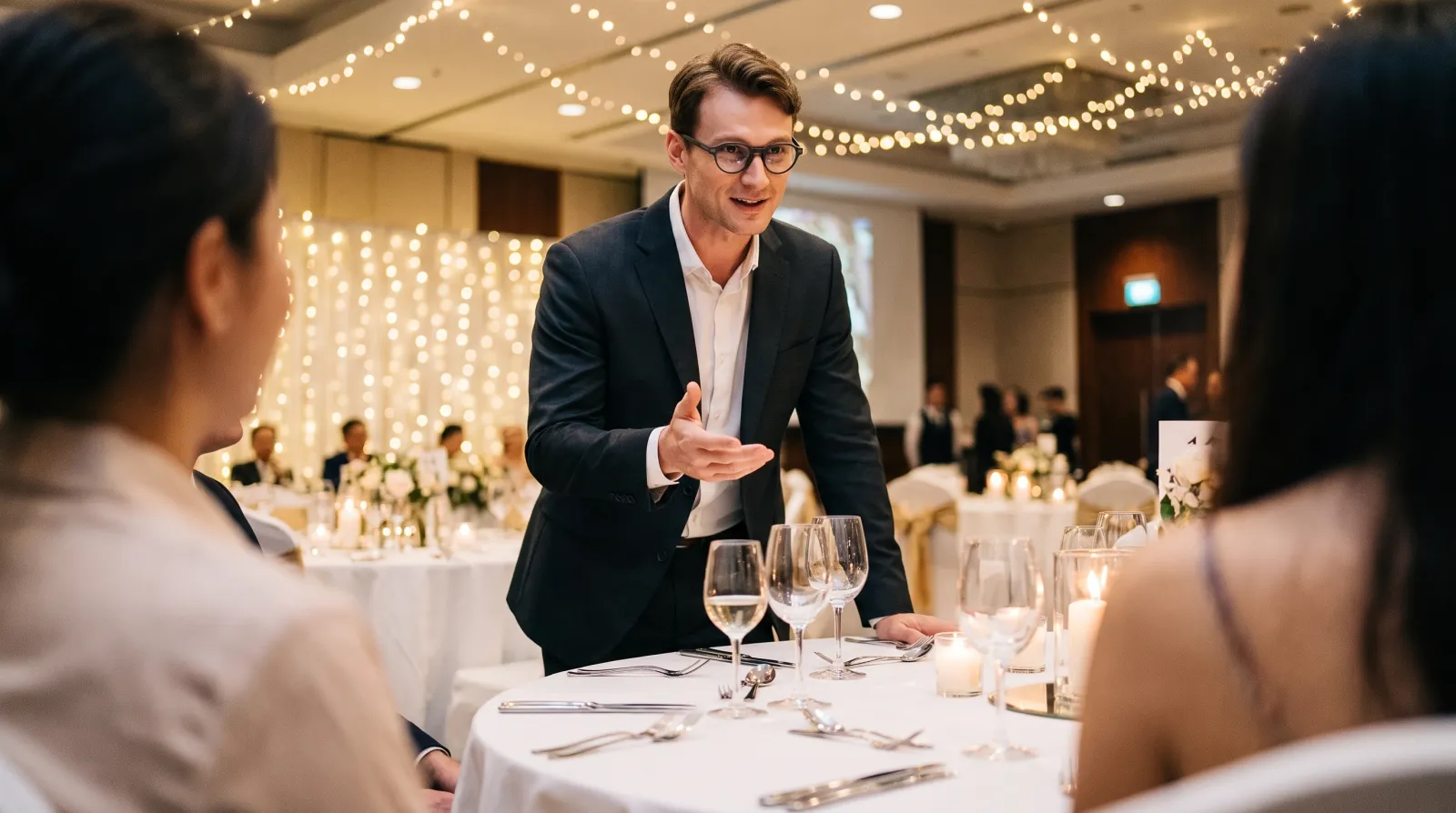 A performer standing at a banquet table mid-sentence, wearing ordinary glasses